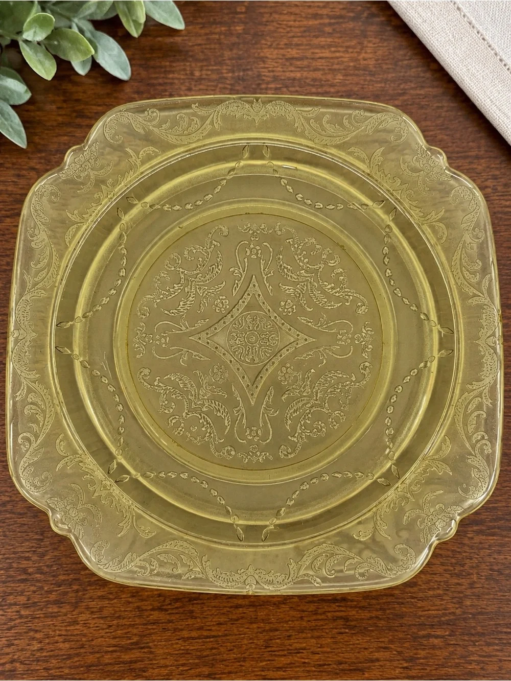 Vintage Amber Depression Glass Plates Set of 4 – Square Ornate Floral Scroll 8.5